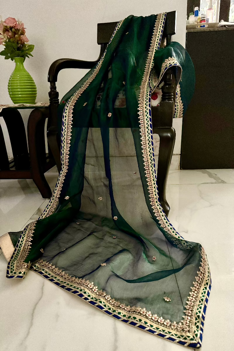 Green Blue Pure Tissue Silk Hand work Dupatta