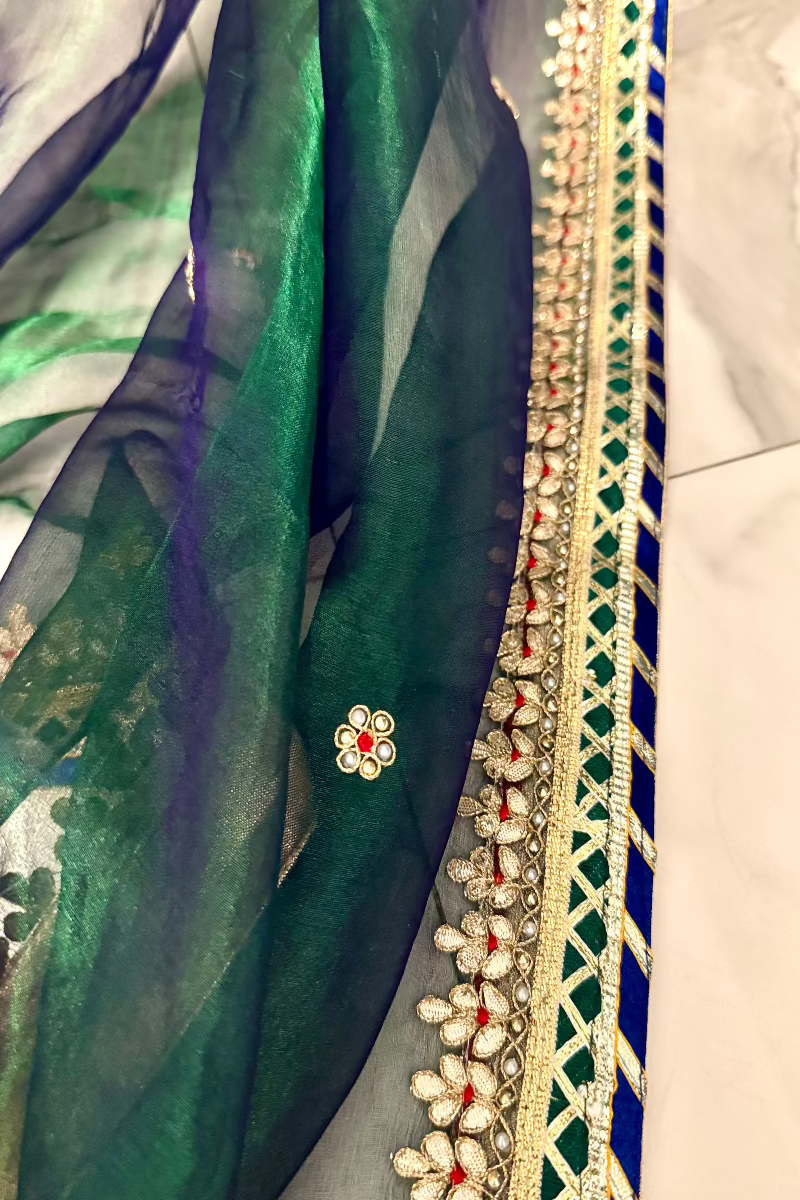 Green Blue Pure Tissue Silk Hand work Dupatta