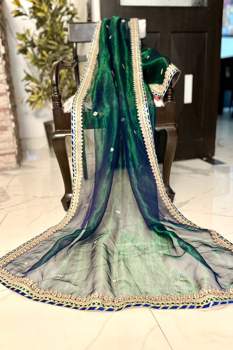 Green Blue Pure Tissue Silk Hand work Dupatta