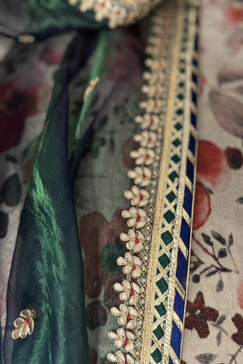 Green Blue Pure Tissue Silk Hand work Dupatta