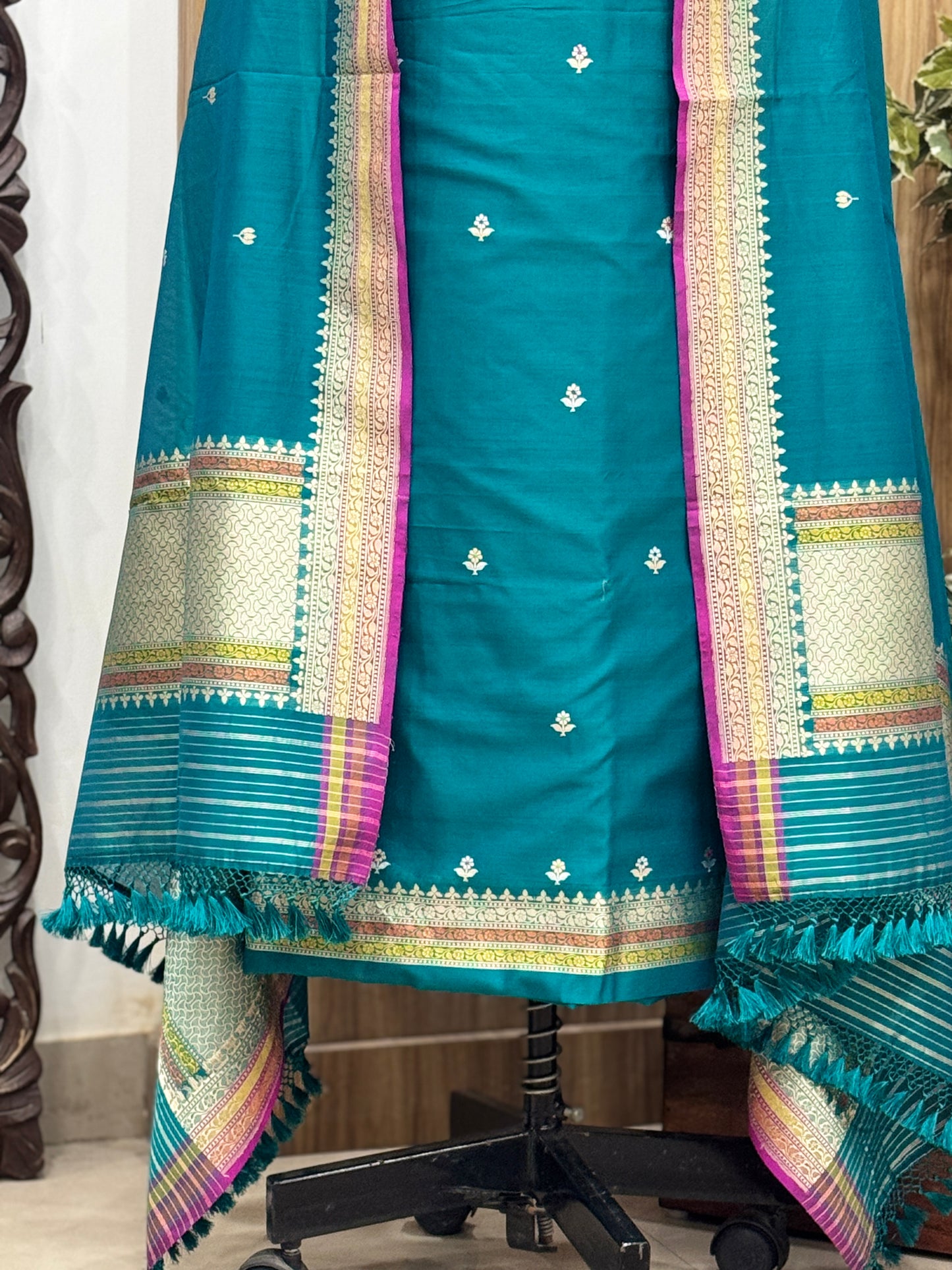 Teal Green Pure Cotton Handloom Banarasi Suit