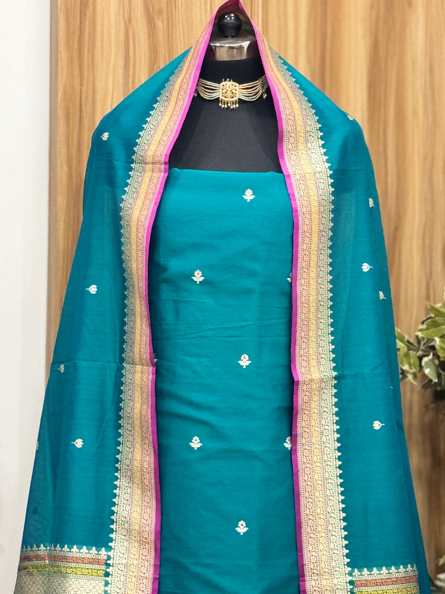 Teal Green Pure Cotton Handloom Banarasi Suit