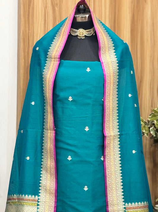 Teal Green Pure Cotton Handloom Banarasi Suit