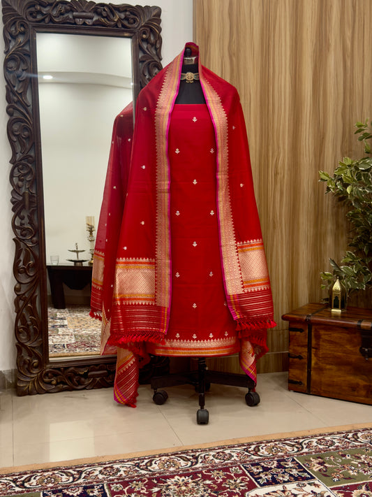 Red Pure Cotton Handloom Banarasi Suit