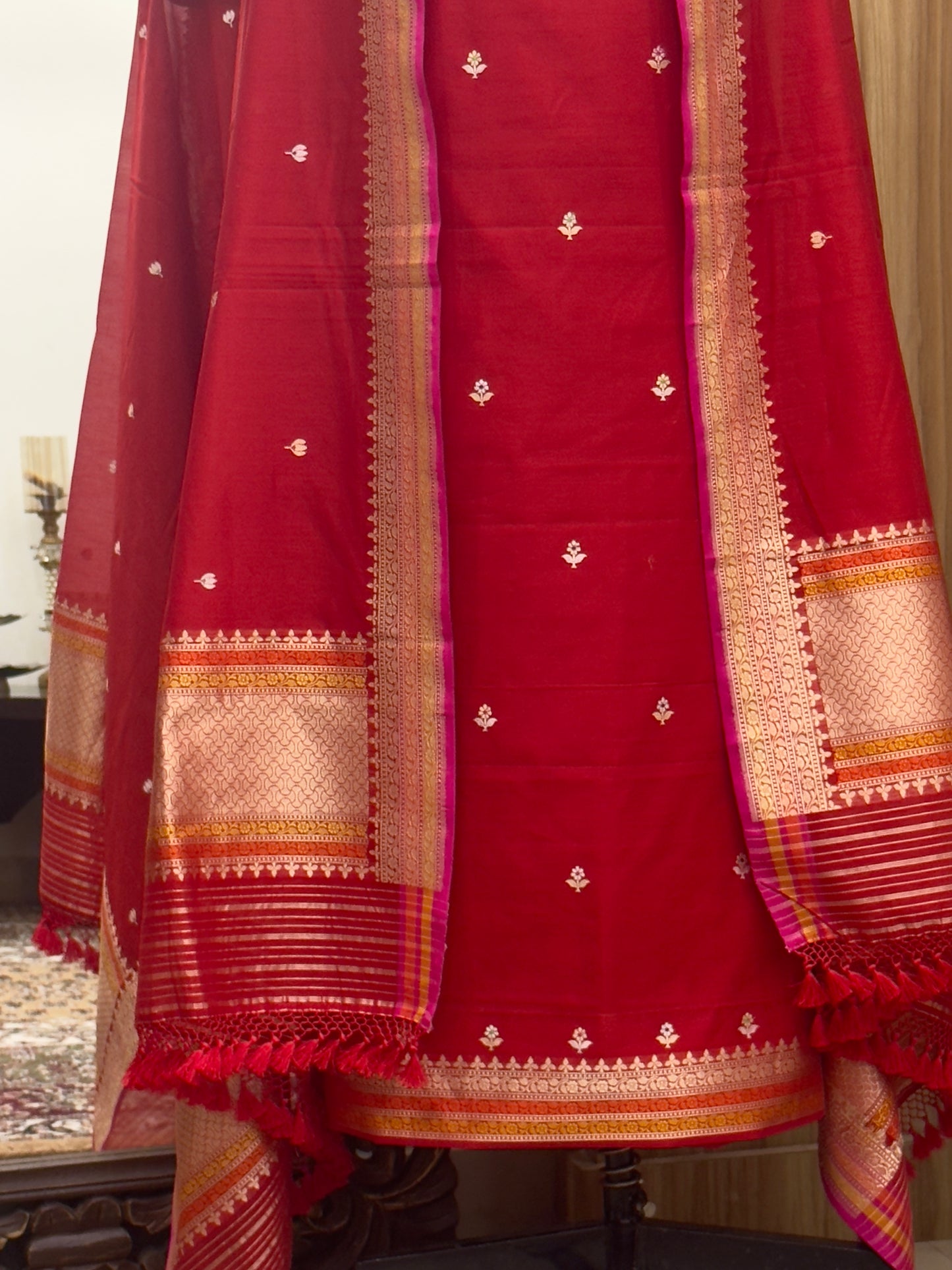 Red Pure Cotton Handloom Banarasi Suit