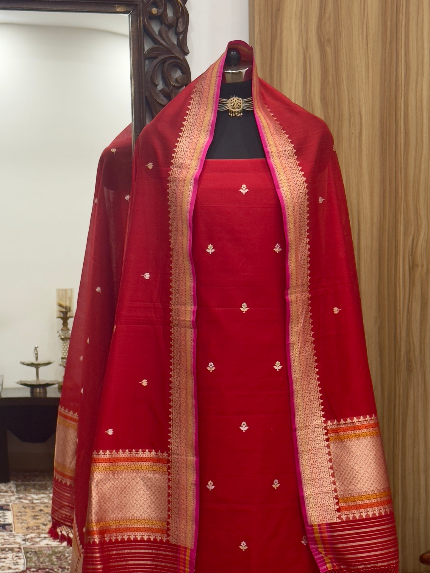 Red Pure Cotton Handloom Banarasi Suit