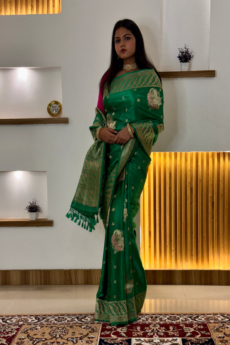 Emerald Green Pure Mashru Silk Handwoven Banarasi Saree with Meenakari
