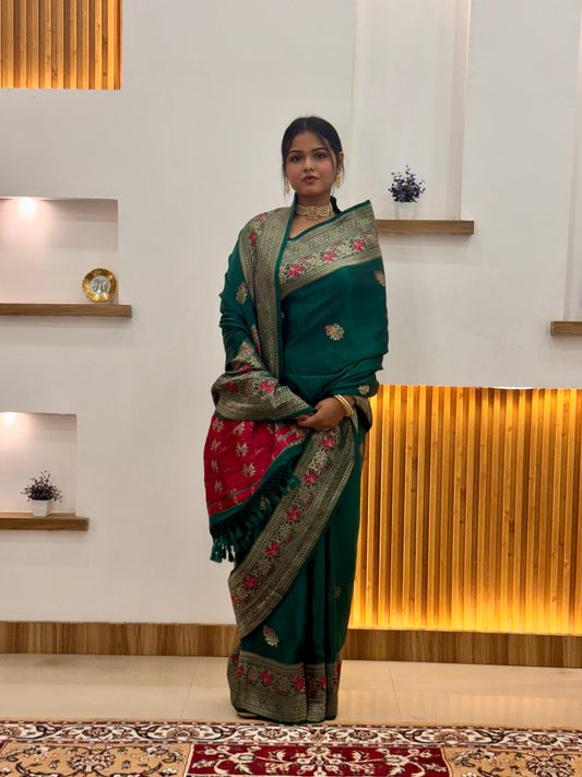 Bottle Green Pure Mashru Silk Handwoven Banarasi Saree with Meenakari