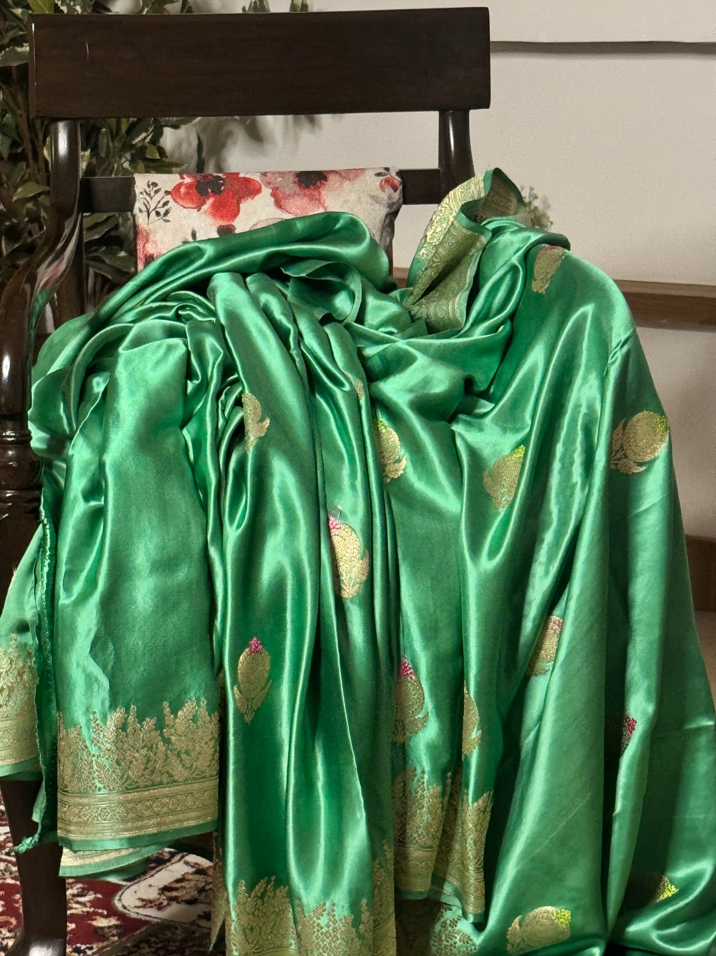 Sea Green Pure Mashru Silk Handwoven Banarasi Saree with Meenakari