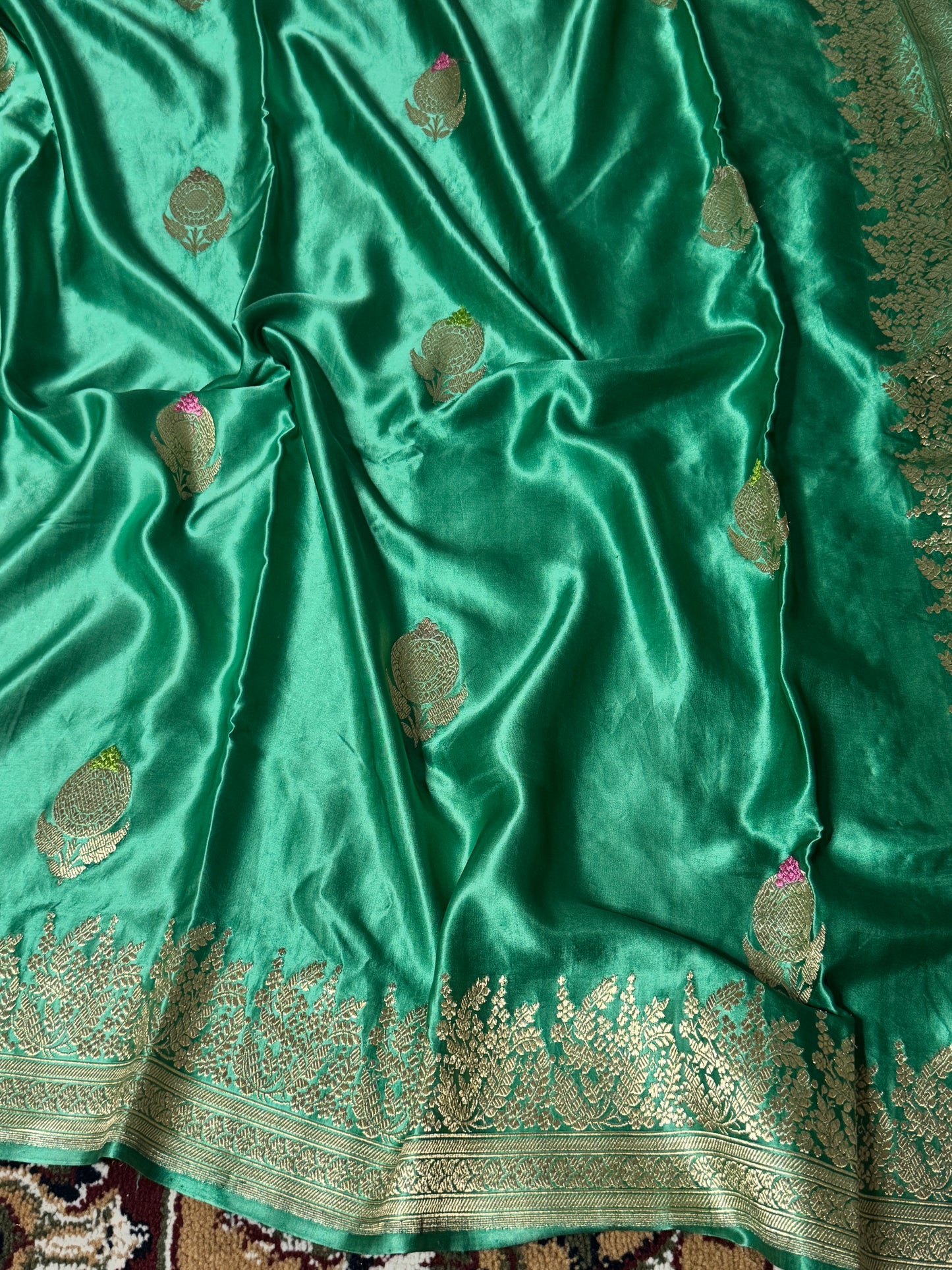Sea Green Pure Mashru Silk Handwoven Banarasi Saree with Meenakari