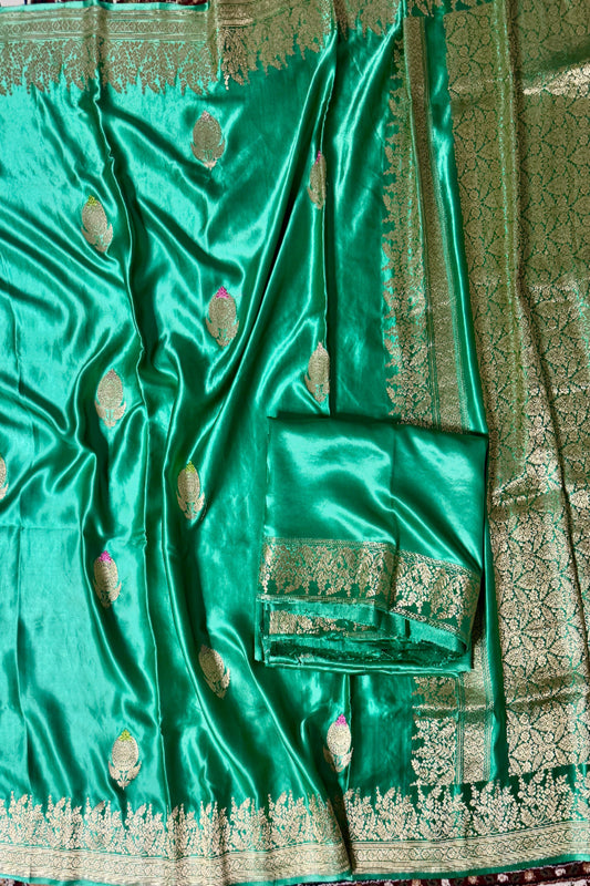 Sea Green Pure Mashru Silk Handwoven Banarasi Saree with Meenakari
