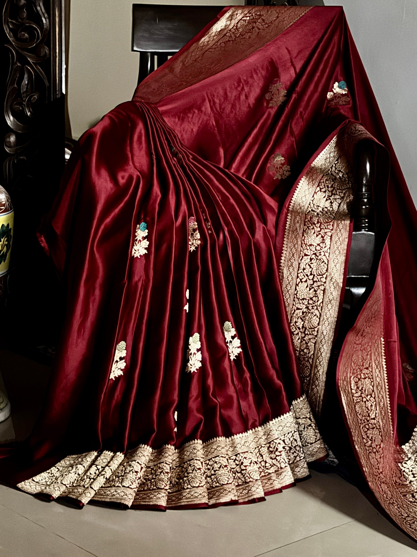 Maroon Pure Mashru Silk Handwoven Banarasi Saree