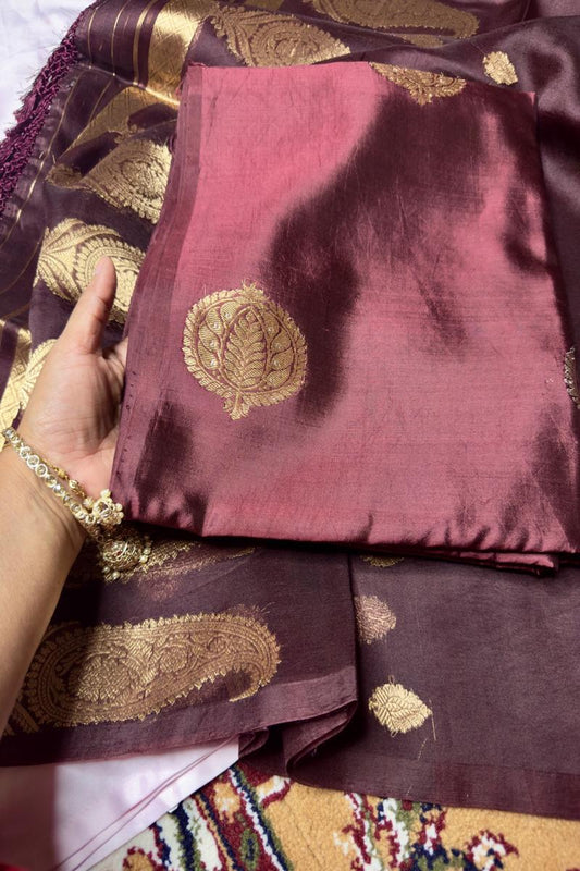 Brown Pure Katan Silk Handloom Suit Set