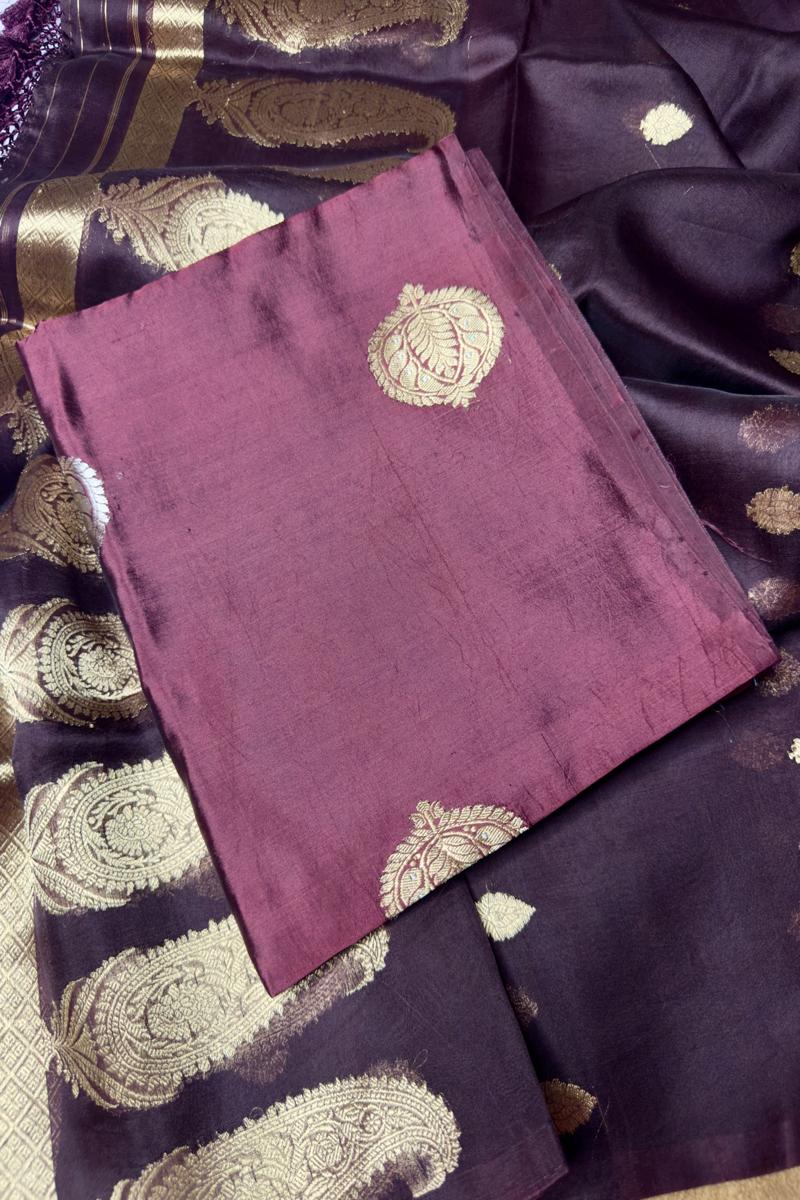Brown Pure Katan Silk Handloom Suit Set