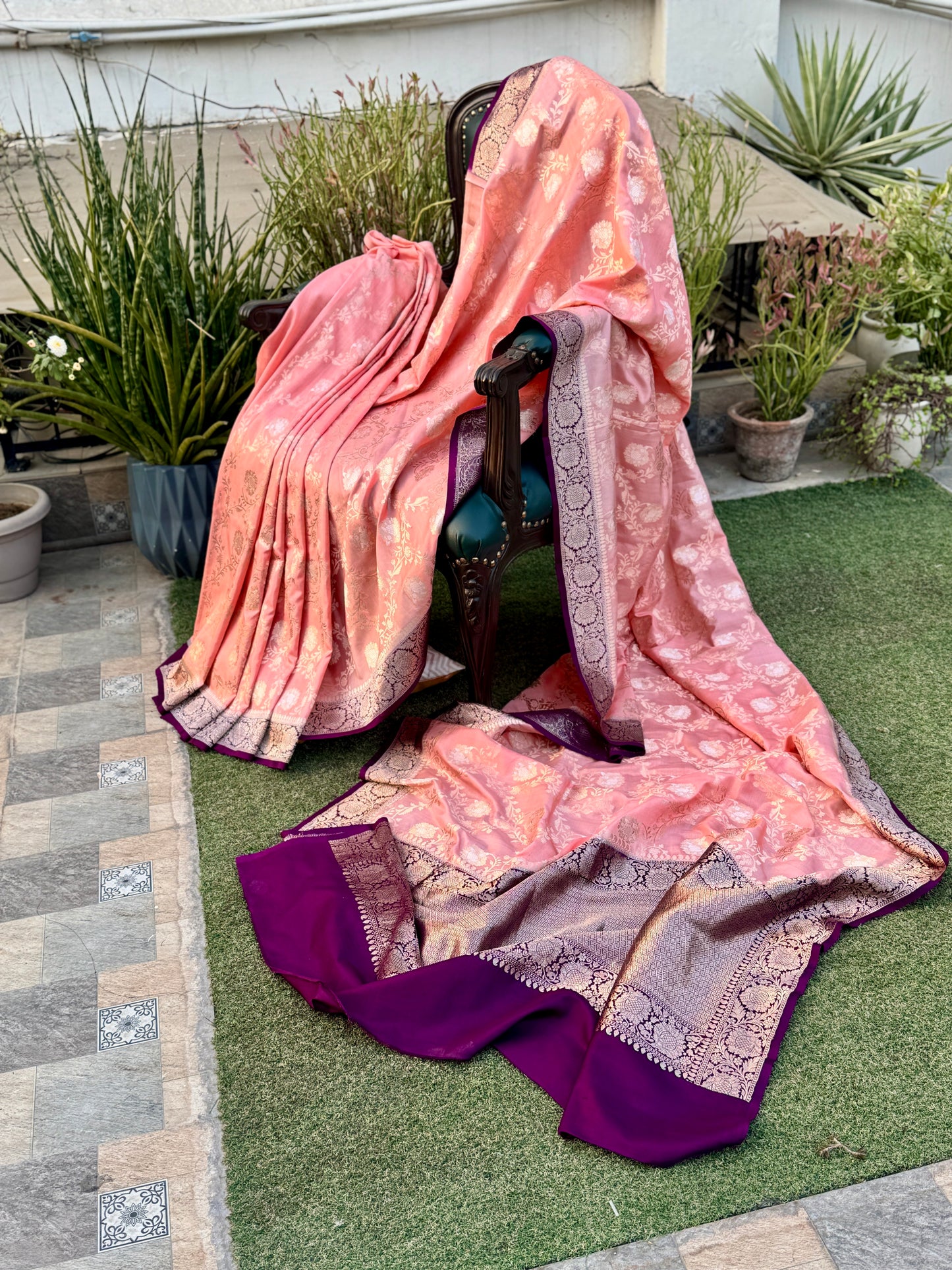 Peach and Purple Pure Mashru Silk Handwoven Banarasi Saree