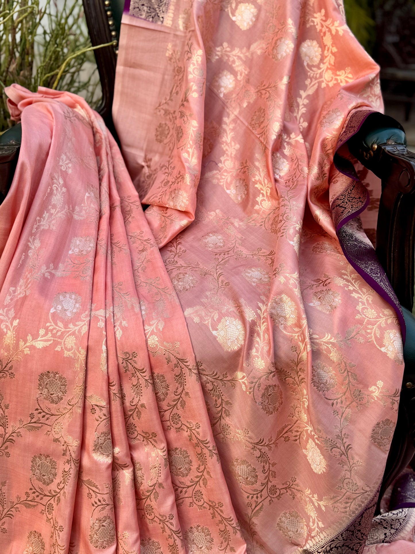 Peach and Purple Pure Mashru Silk Handwoven Banarasi Saree