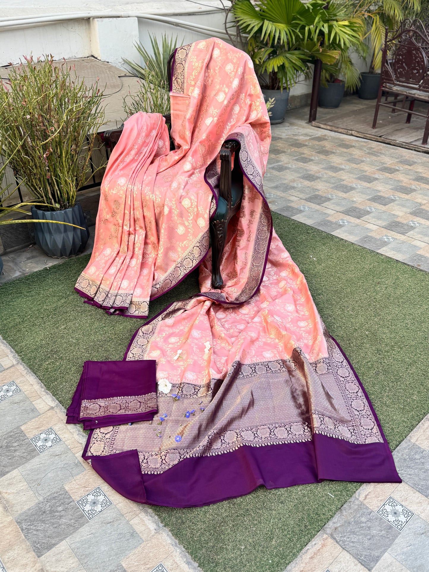 Peach and Purple Pure Mashru Silk Handwoven Banarasi Saree