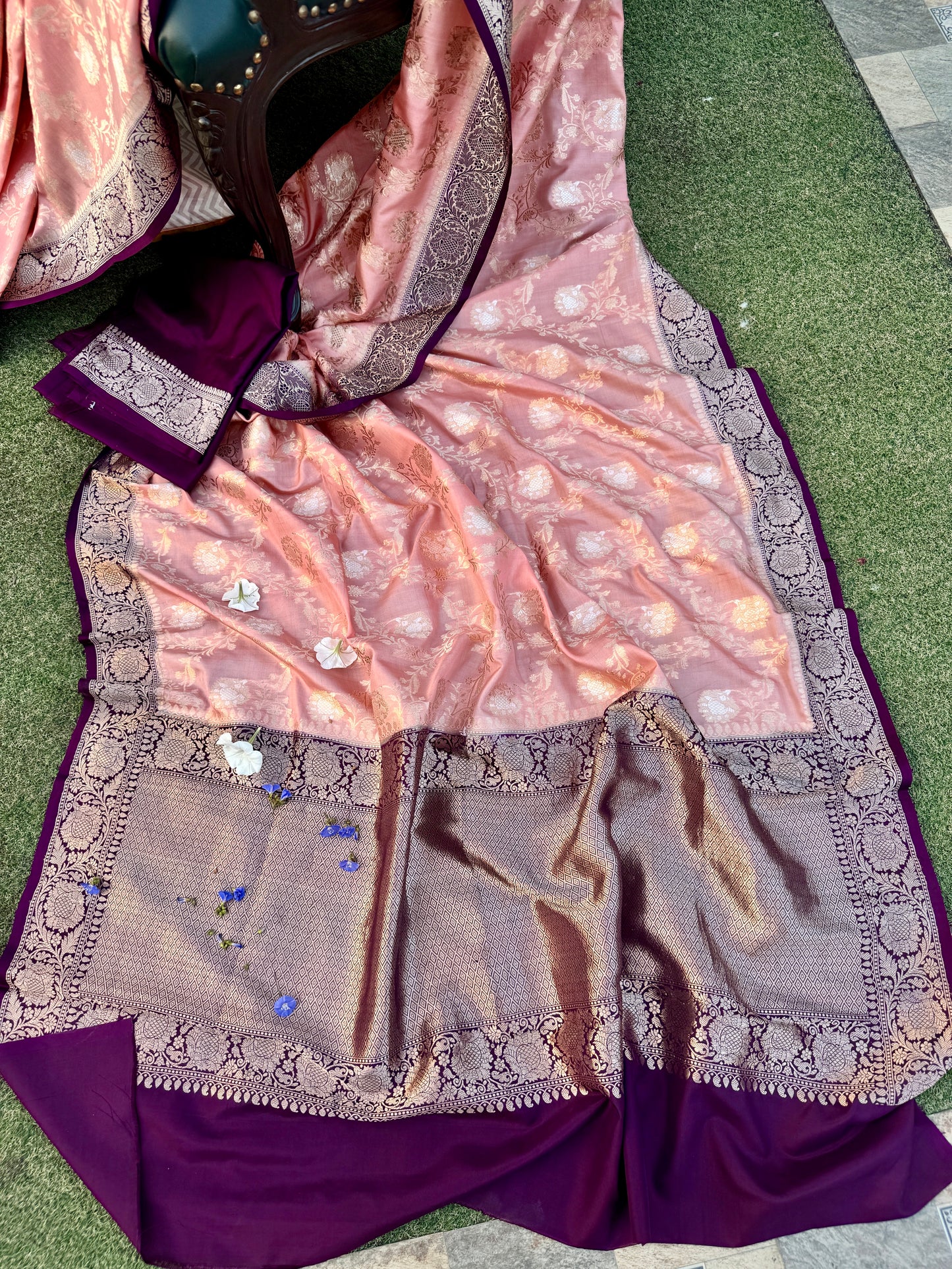 Peach and Purple Pure Mashru Silk Handwoven Banarasi Saree