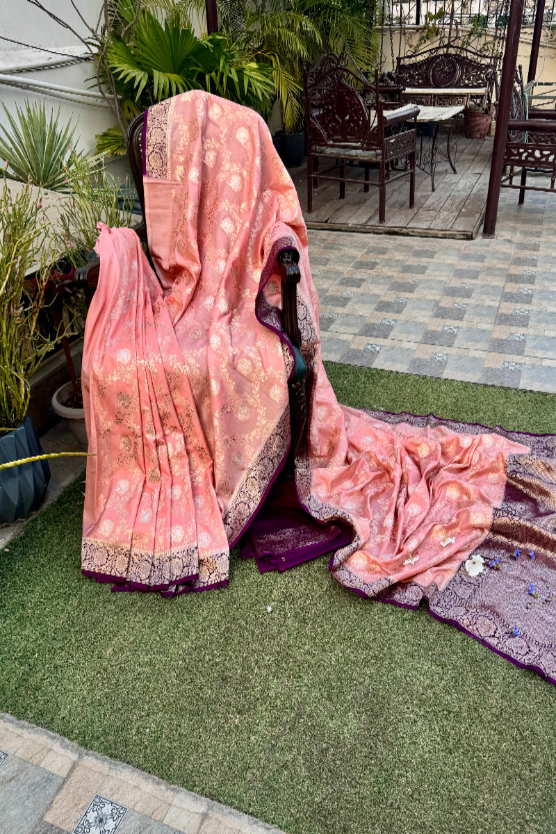 Peach and Purple Pure Mashru Silk Handwoven Banarasi Saree