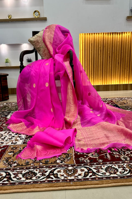 Candy Pink Pure Kora Silk Handloom Banarasi Saree