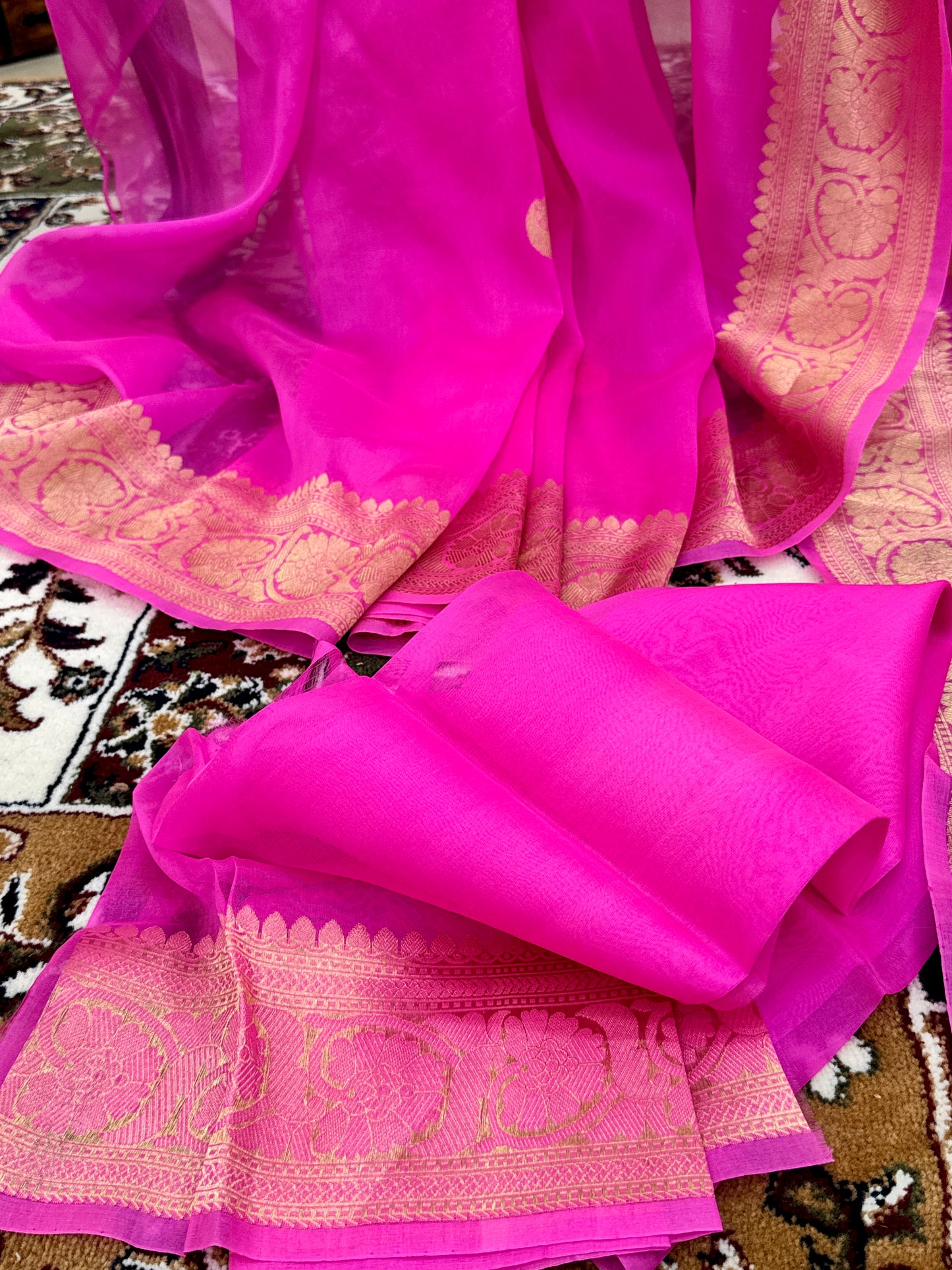 Candy Pink Pure Kora Silk Handloom Banarasi Saree