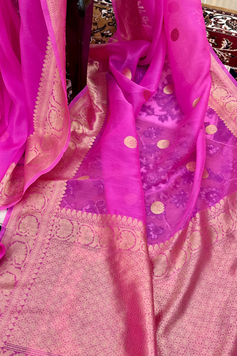 Candy Pink Pure Kora Silk Handloom Banarasi Saree