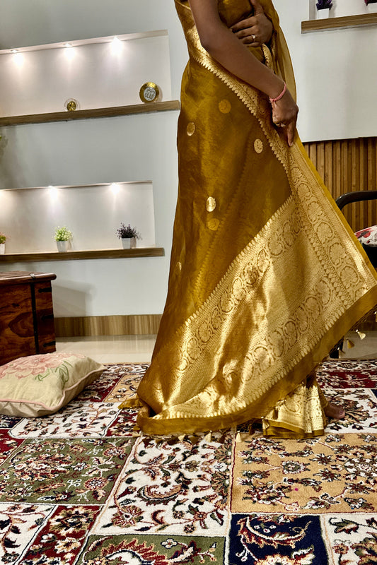 Brown Pure Kora Silk Handloom Banarasi Saree