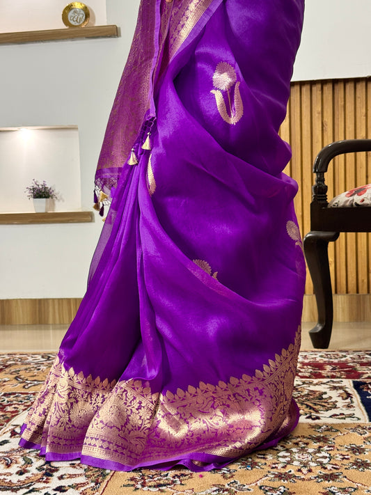 Purpe Pure Kora Silk Handloom Banarasi Saree