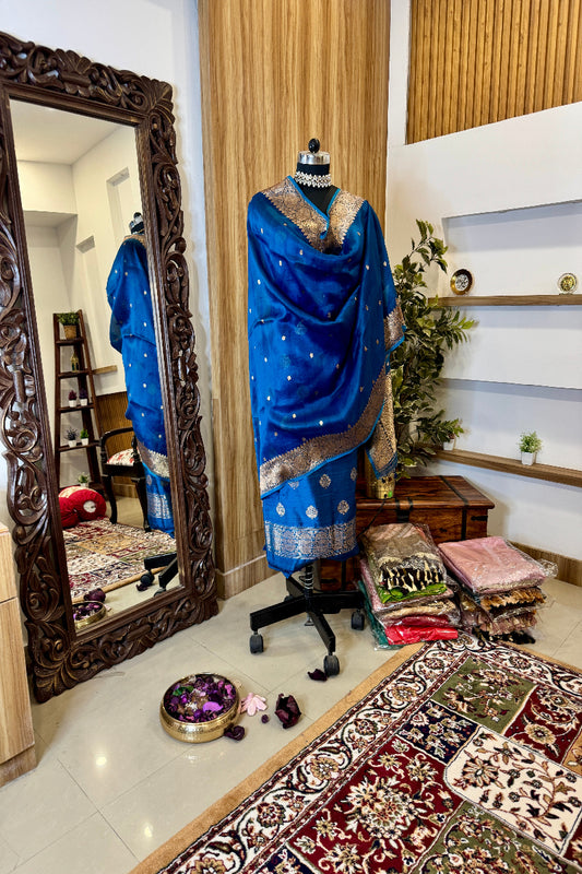 Teal Blue Pure Raw Silk Handloom Suit Set with  Kora Silk Dupatta