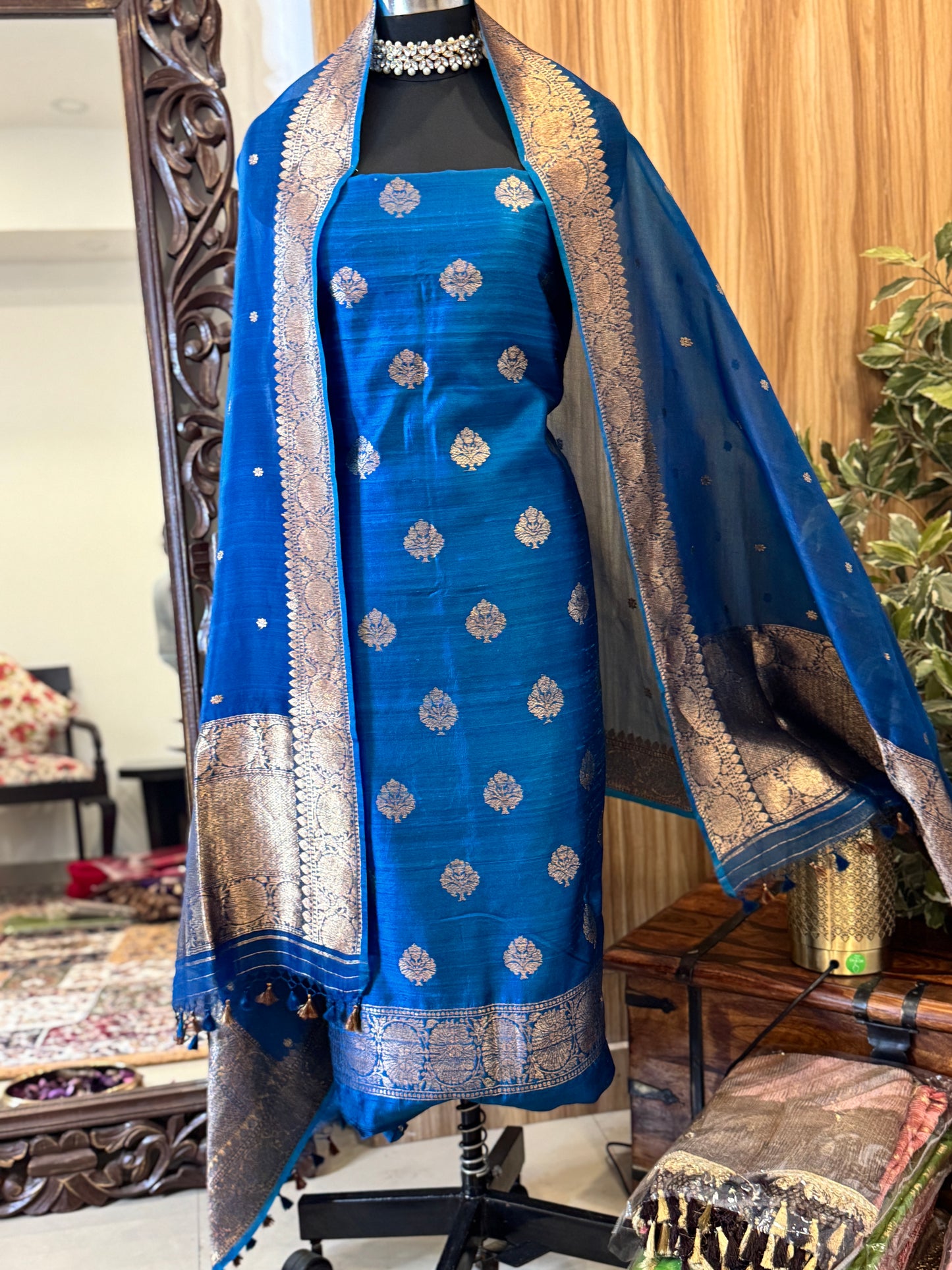 Teal Blue Pure Raw Silk Handloom Suit Set with  Kora Silk Dupatta