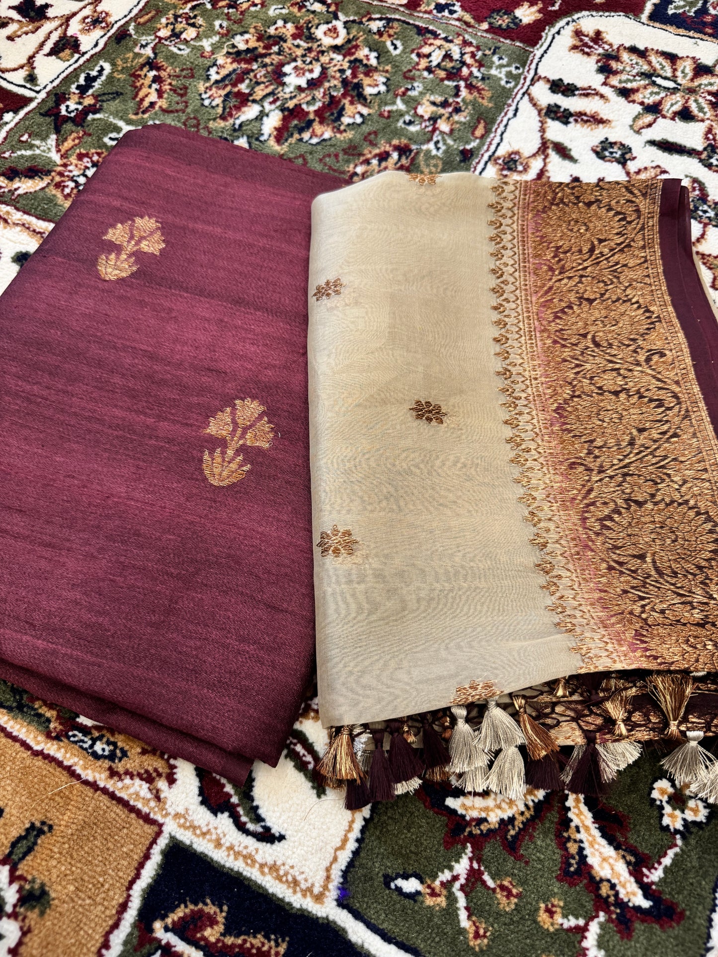 Wine Color Pure Tussar Silk Handloom Suit Set with  Kora Silk Dupatta