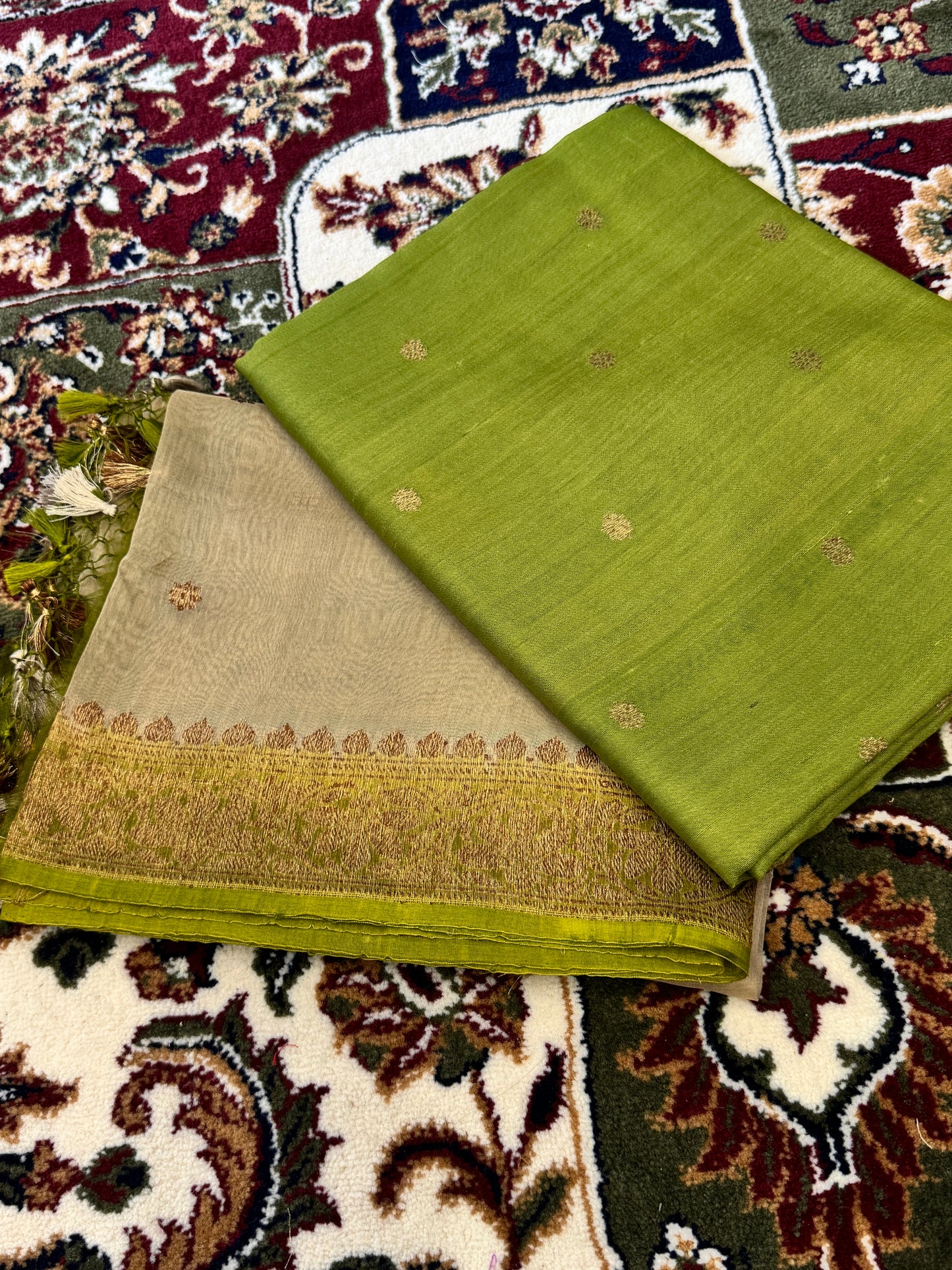 Mehndi Green Pure Tussar Silk Handloom Suit Set with  Kora Silk Dupatta