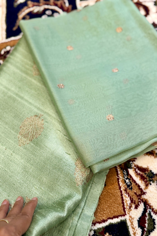 Sage Green Pure Raw Silk Handloom Suit Set with  Kora Silk Dupatta