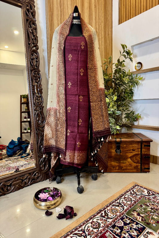 Wine Color Pure Tussar Silk Handloom Suit Set with  Kora Silk Dupatta