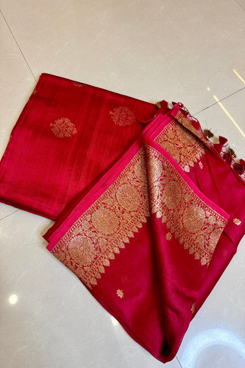 Red Pure Raw Silk Handloom Suit Set with  Kora Silk Dupatta