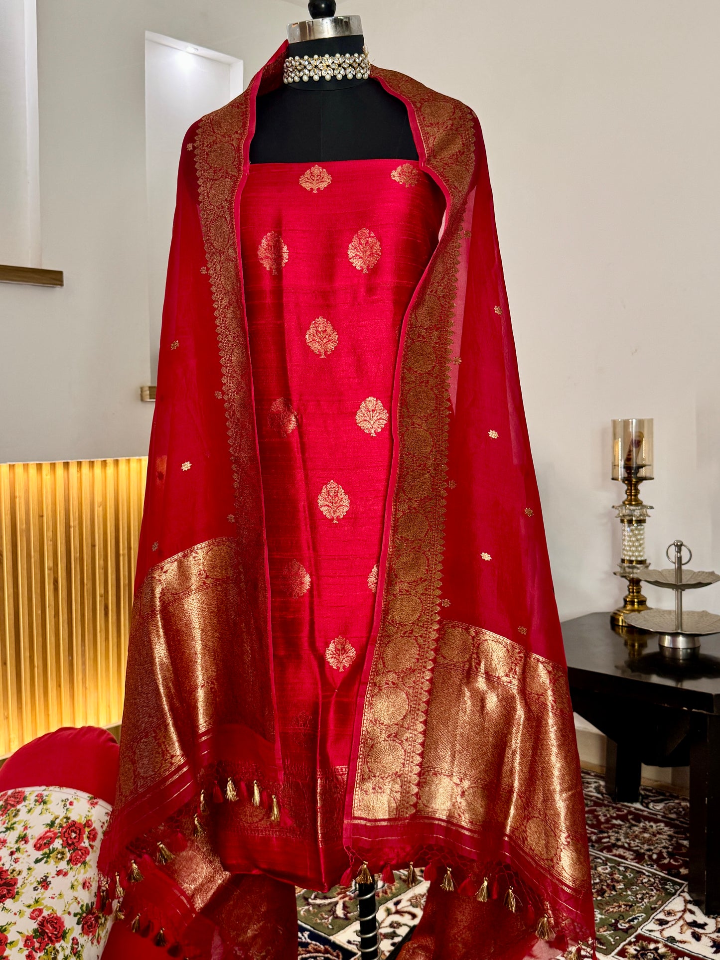Red Pure Raw Silk Handloom Suit Set with  Kora Silk Dupatta