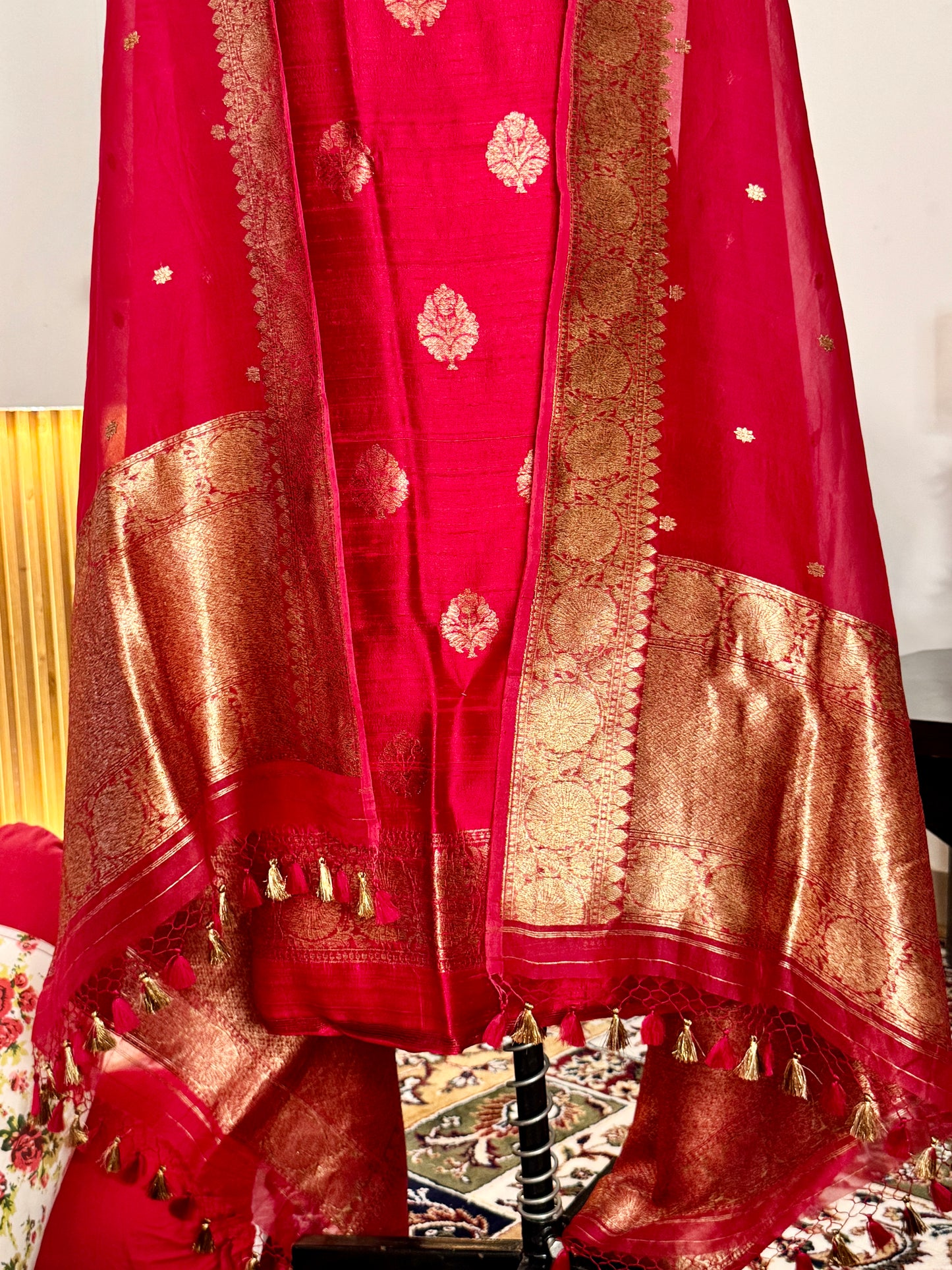 Red Pure Raw Silk Handloom Suit Set with  Kora Silk Dupatta