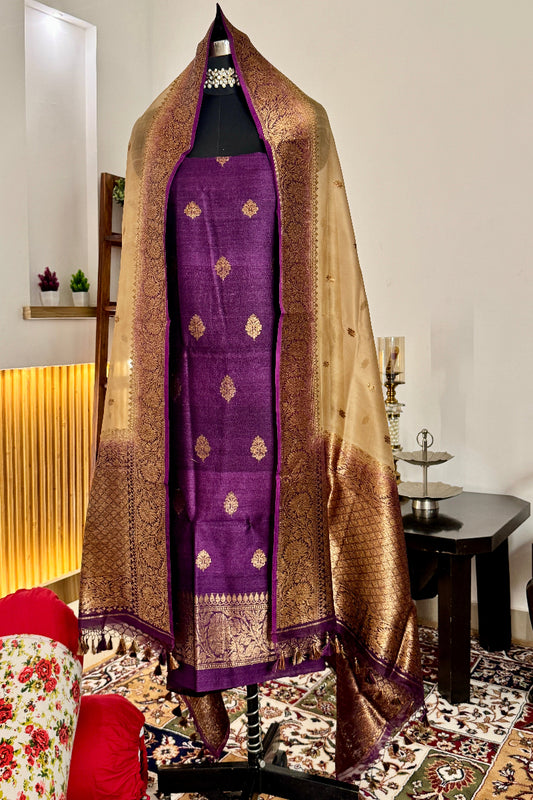 Deep Purple Pure Tussar Silk Handloom Suit Set  with  Kora Silk   Dupatta