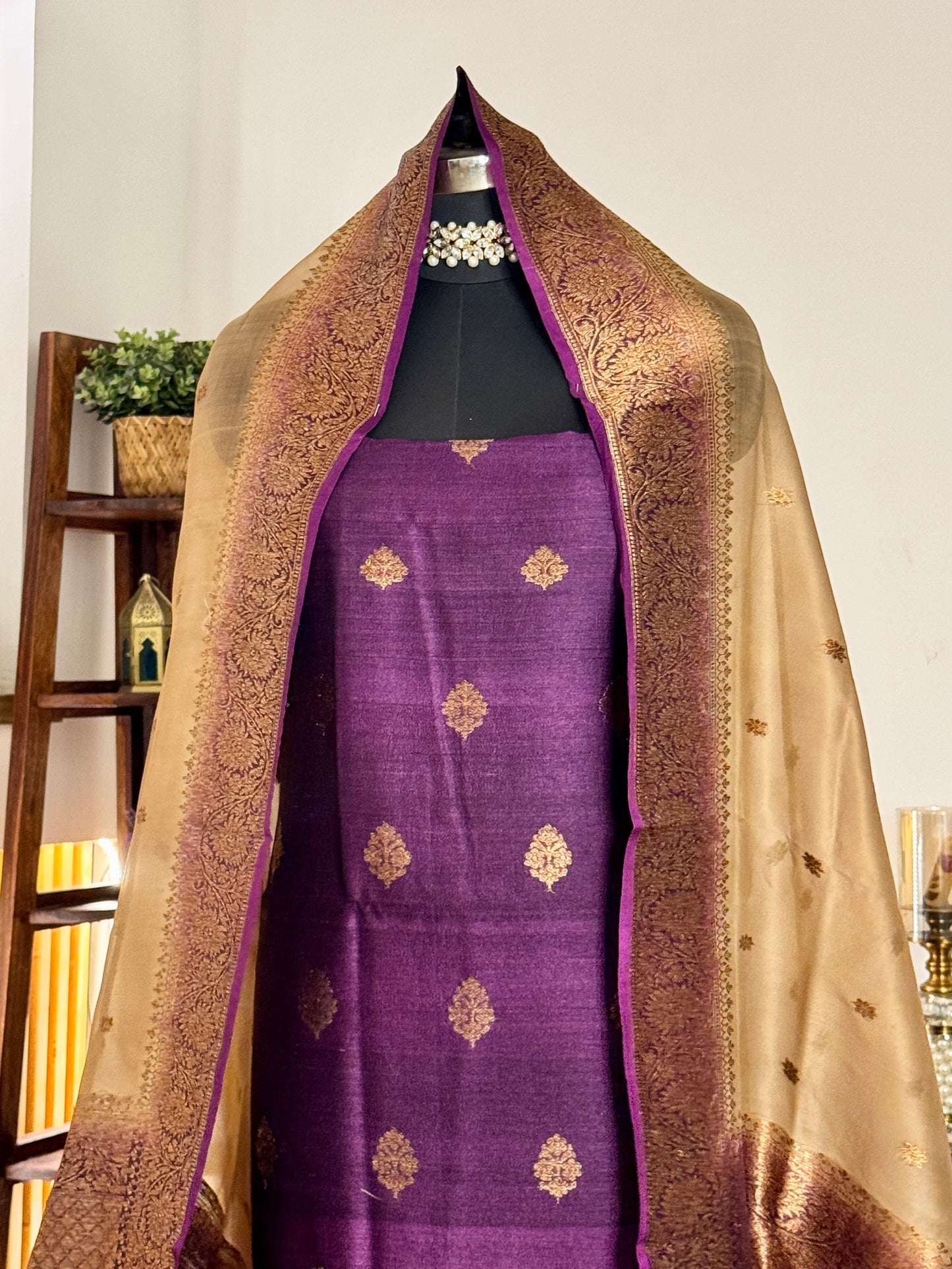Deep Purple Pure Tussar Silk Handloom Suit Set  with  Kora Silk   Dupatta