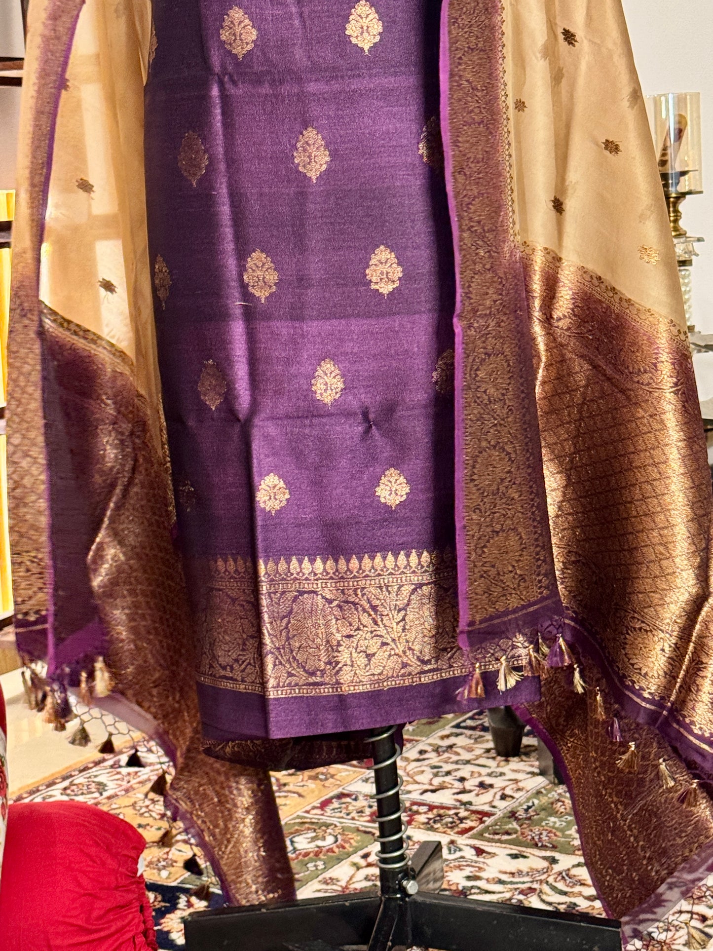 Deep Purple Pure Tussar Silk Handloom Suit Set  with  Kora Silk   Dupatta