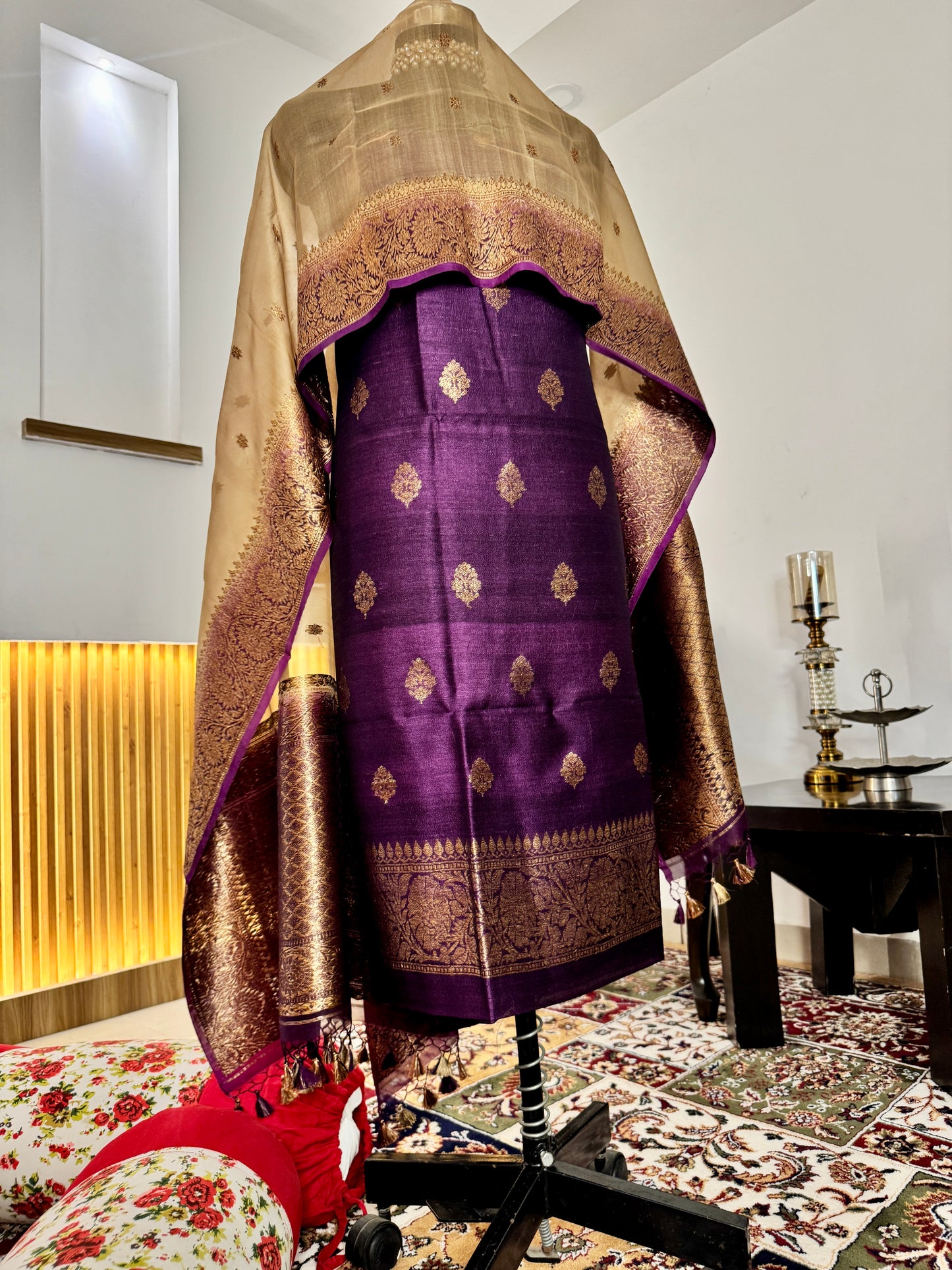 Deep Purple Pure Tussar Silk Handloom Suit Set  with  Kora Silk   Dupatta