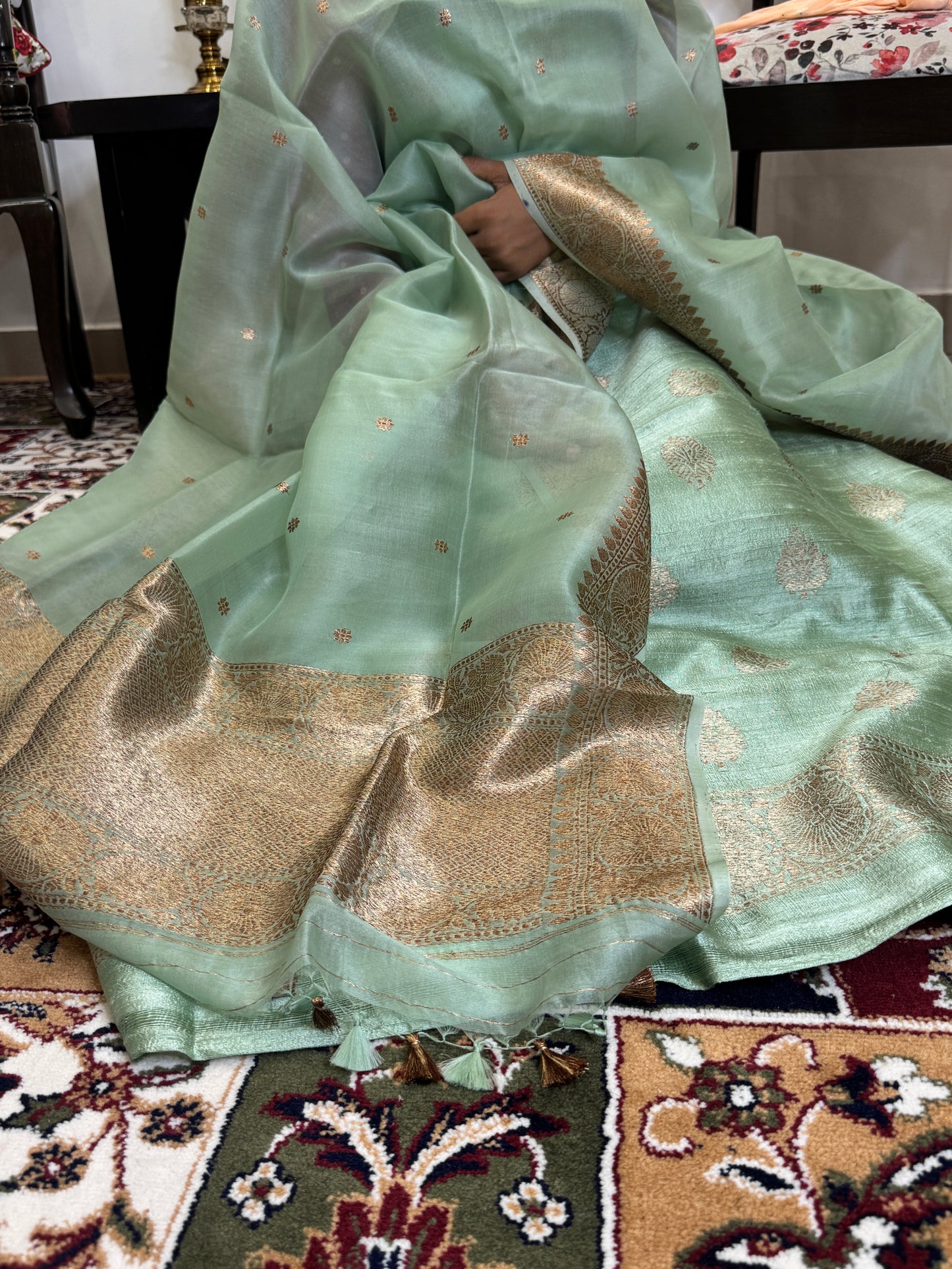 Sage Green Pure Raw Silk Handloom Suit Set with  Kora Silk Dupatta