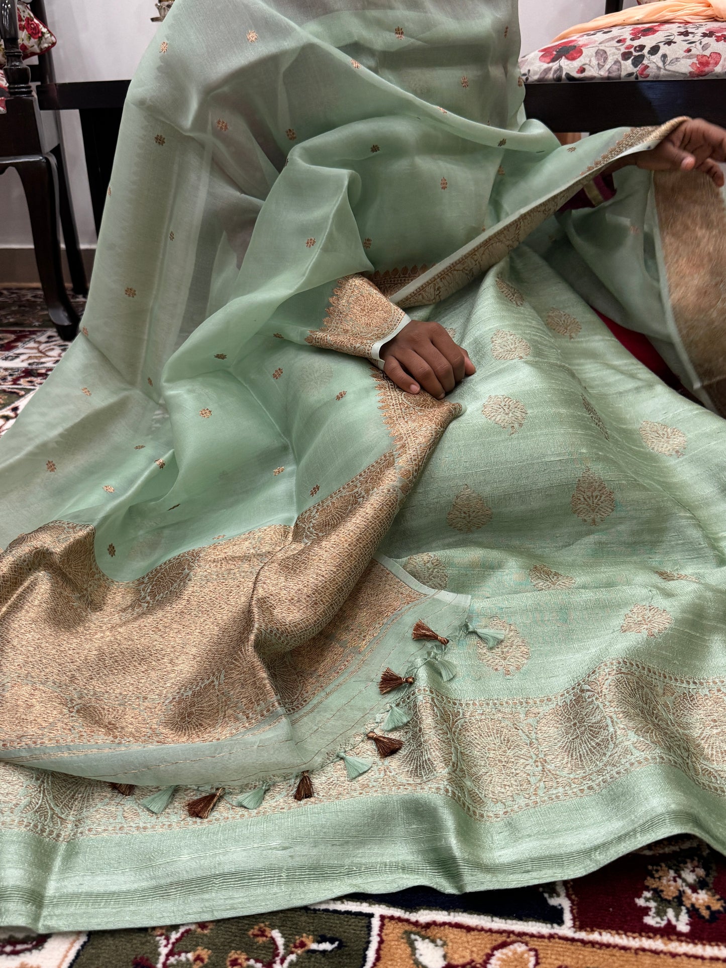 Sage Green Pure Raw Silk Handloom Suit Set with  Kora Silk Dupatta