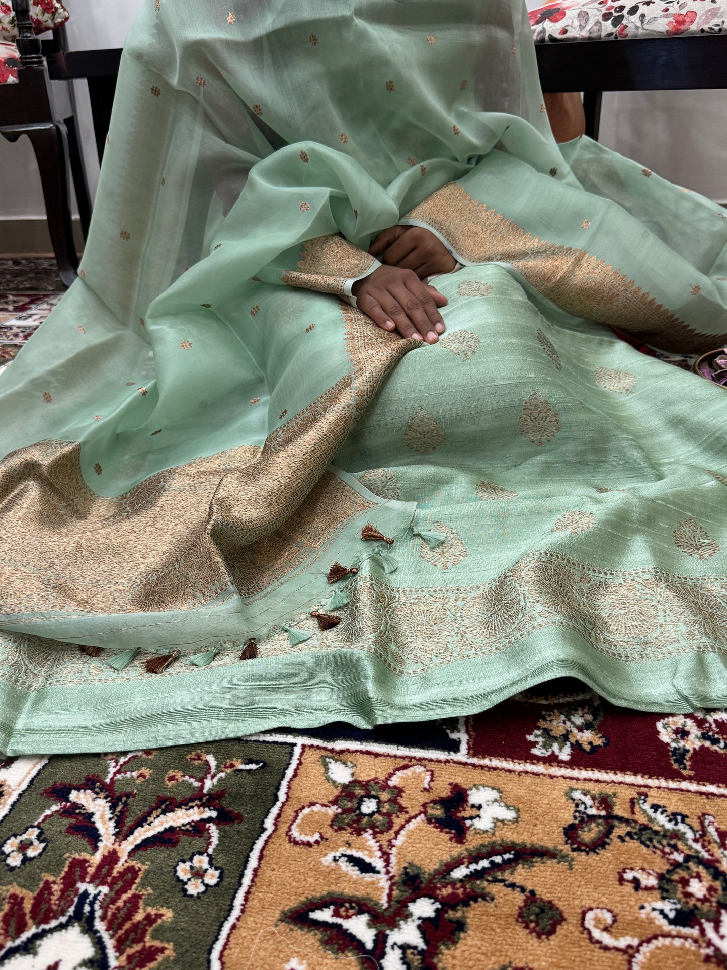 Sage Green Pure Raw Silk Handloom Suit Set with  Kora Silk Dupatta