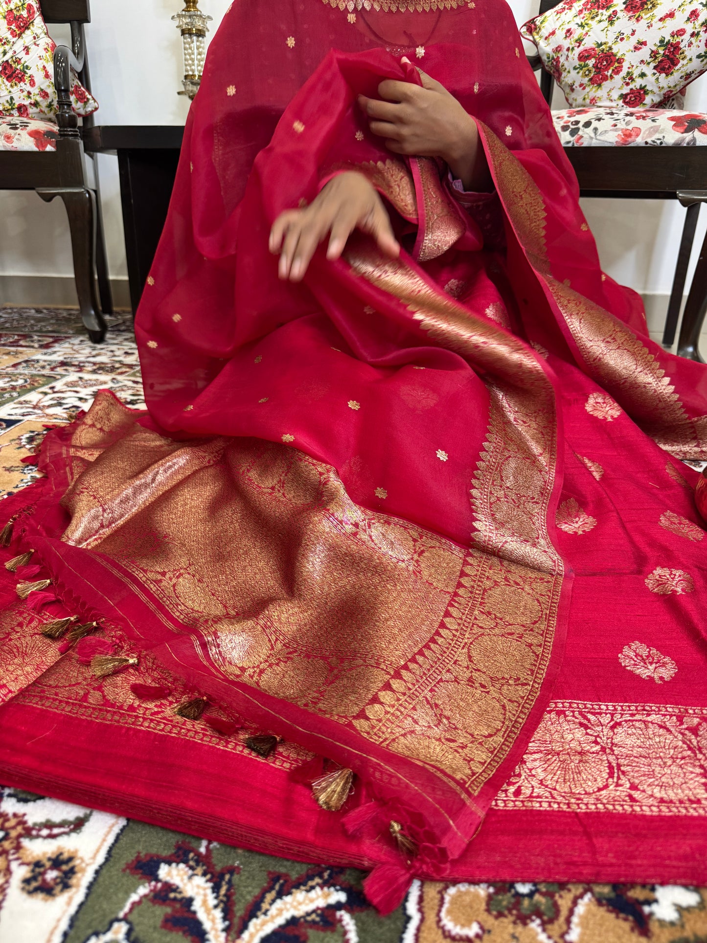 Red Pure Raw Silk Handloom Suit Set with  Kora Silk Dupatta