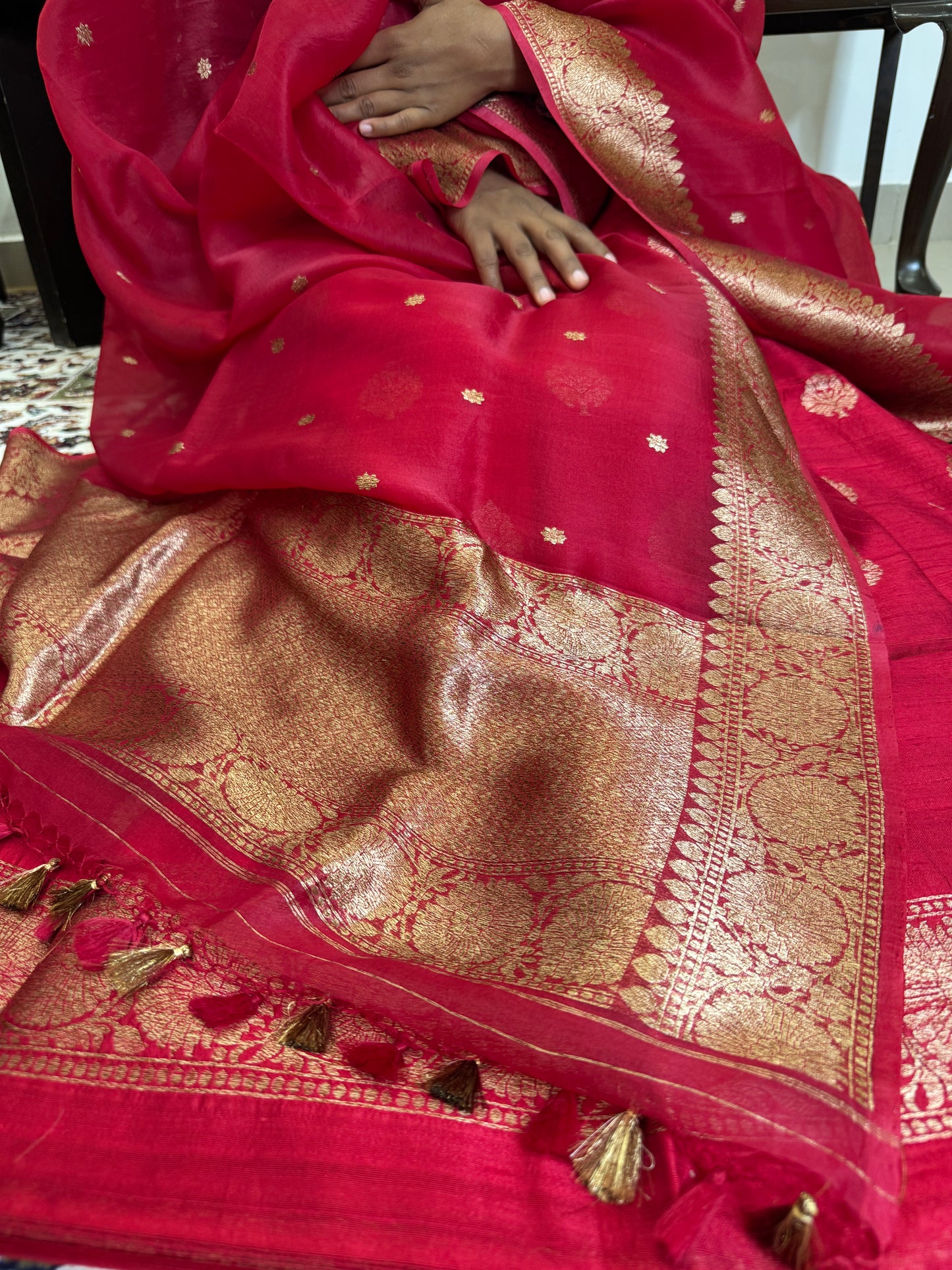 Red Pure Raw Silk Handloom Suit Set with  Kora Silk Dupatta