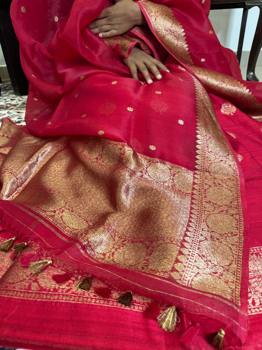 Red Pure Raw Silk Handloom Suit Set with  Kora Silk Dupatta