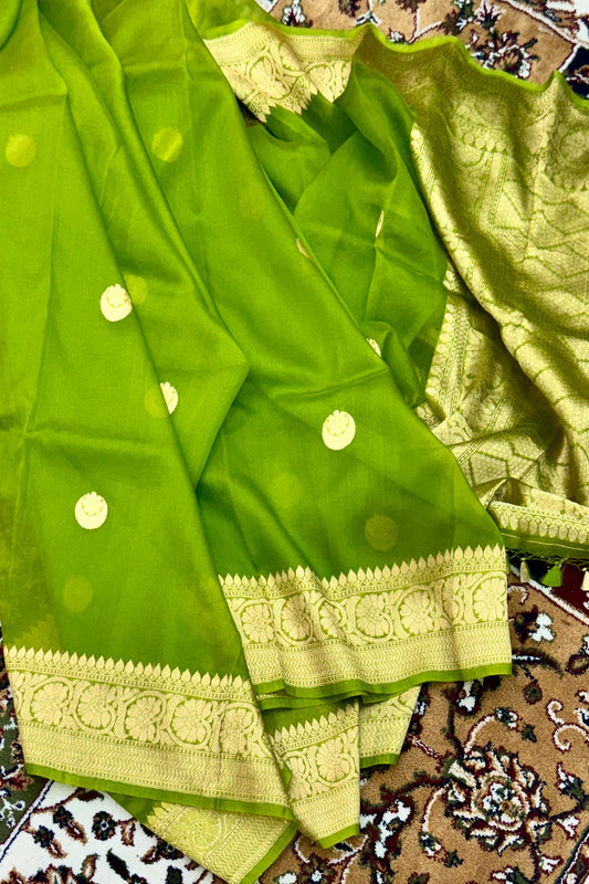 Parrot Green  Pure Kora Silk Handloom Banarasi Saree