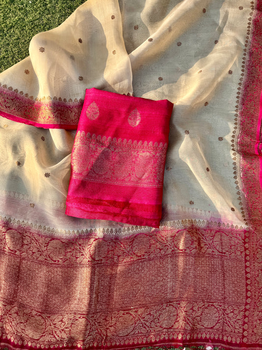 Magenta Pink and Beige  Pure Tussar Silk Handloom Suit