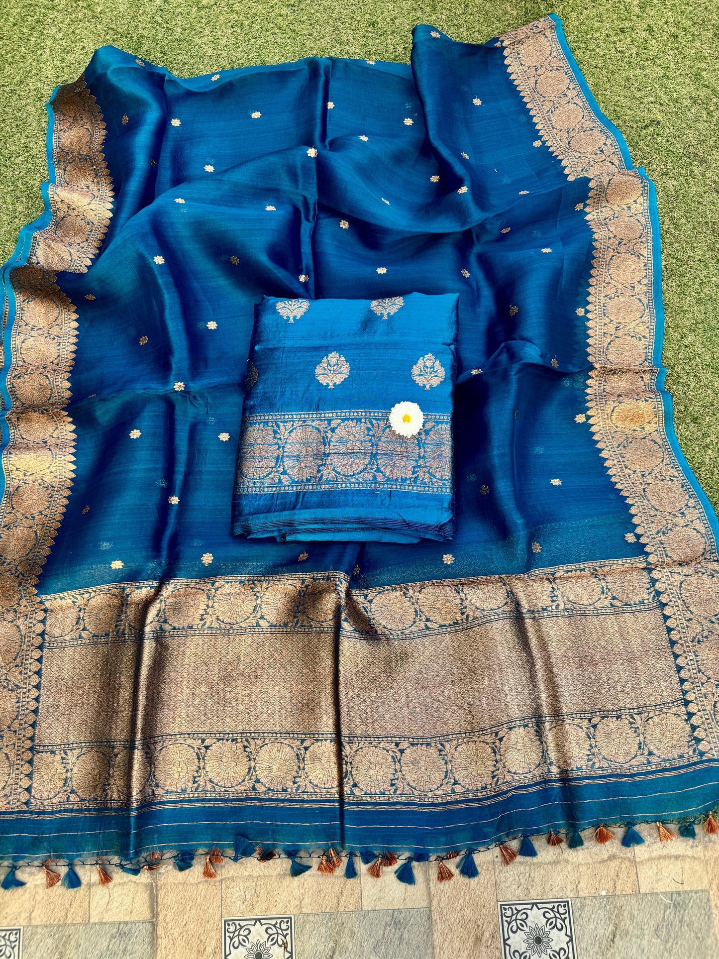 Teal Blue Pure Raw Silk Handloom Suit Set with  Kora Silk Dupatta